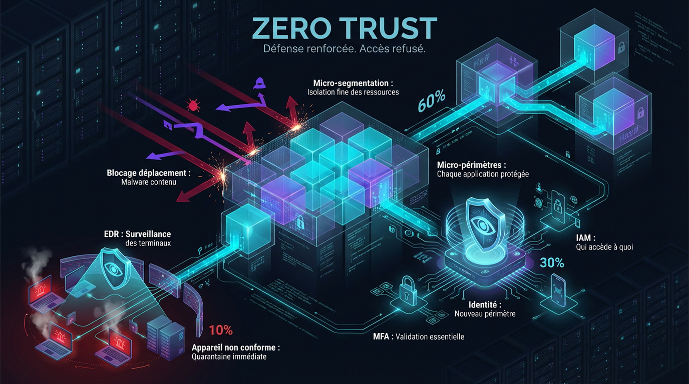 Infographie expliquant la micro-segmentation et le modèle Zero Trust pour la sécurité réseau