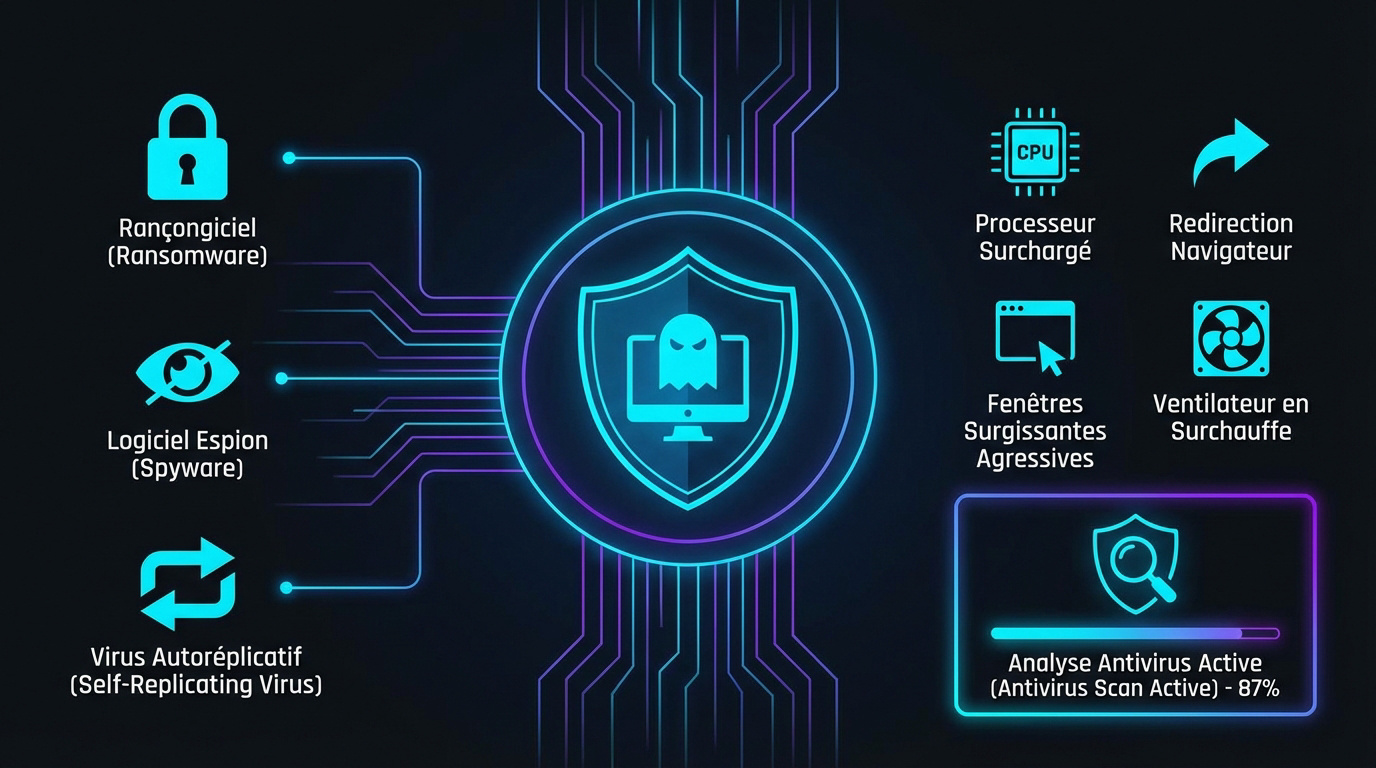 Interface de cybersécurité affichant des boucliers de protection contre les malwares numériques