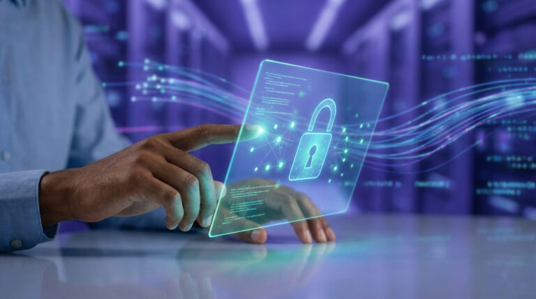 Homme manipulant un écran tactile futuriste avec cadenas numérique et flux de données, représentant la cybersécurité.