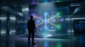 Silhouette d'un homme face à un affichage holographique 3D représentant un réseau blockchain lumineux dans un centre de données futuriste.