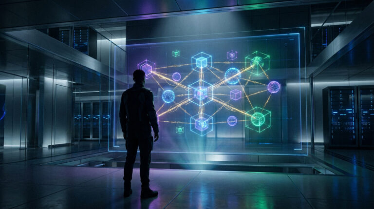 Silhouette d'un homme face à un affichage holographique 3D représentant un réseau blockchain lumineux dans un centre de données futuriste.