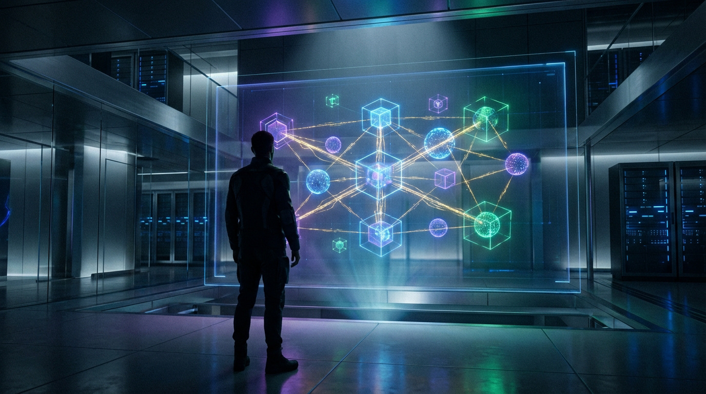 Silhouette d'un homme face à un affichage holographique 3D représentant un réseau blockchain lumineux dans un centre de données futuriste.