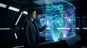 Femme interagit avec un écran holographique affichant des symboles de cybersécurité et des flux de données dans un environnement futuriste.