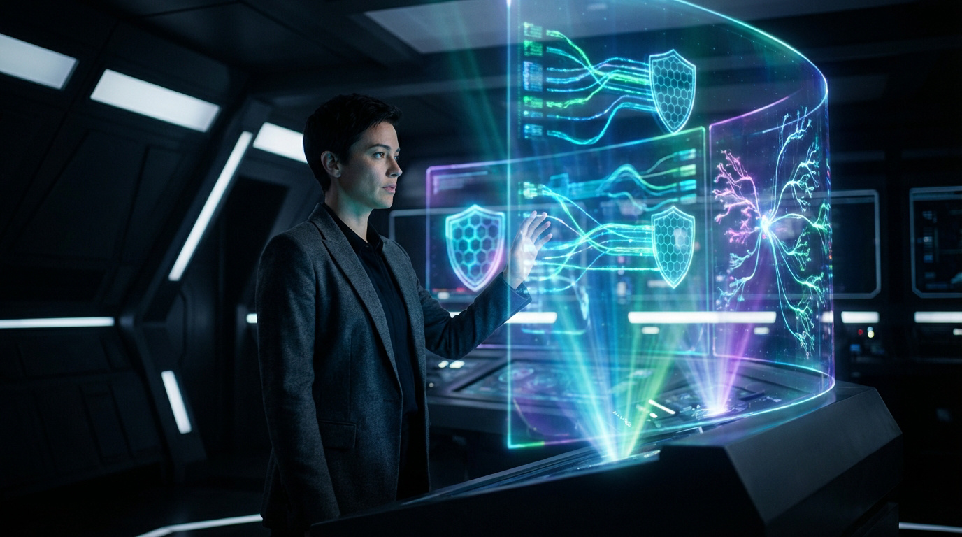 Femme interagit avec un écran holographique affichant des symboles de cybersécurité et des flux de données dans un environnement futuriste.