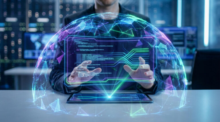 Personne interagit avec un hologramme 3D représentant du code et des flux de données, entouré d'un bouclier lumineux.