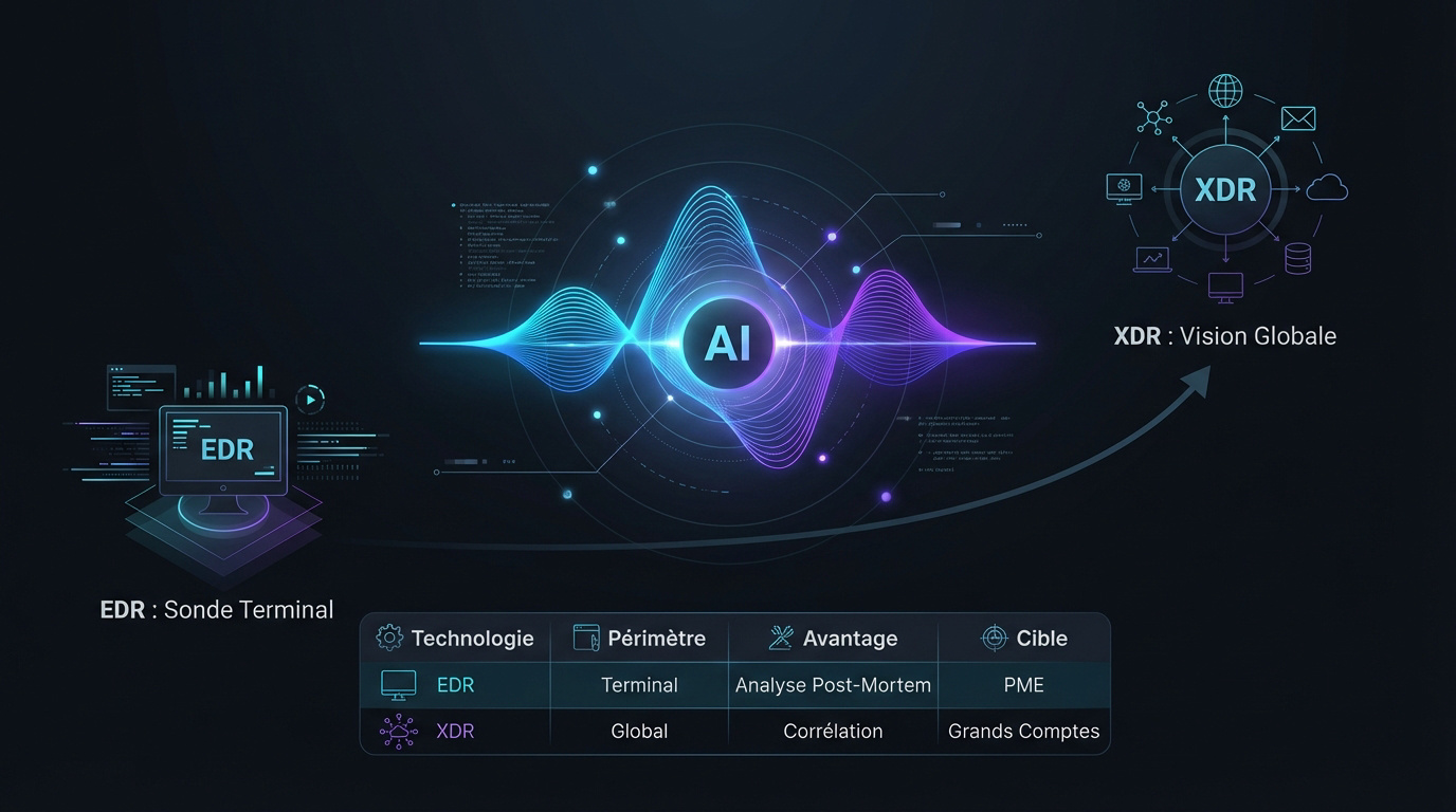 Interface de détection de menaces comparant les solutions EDR et XDR avec assistance IA