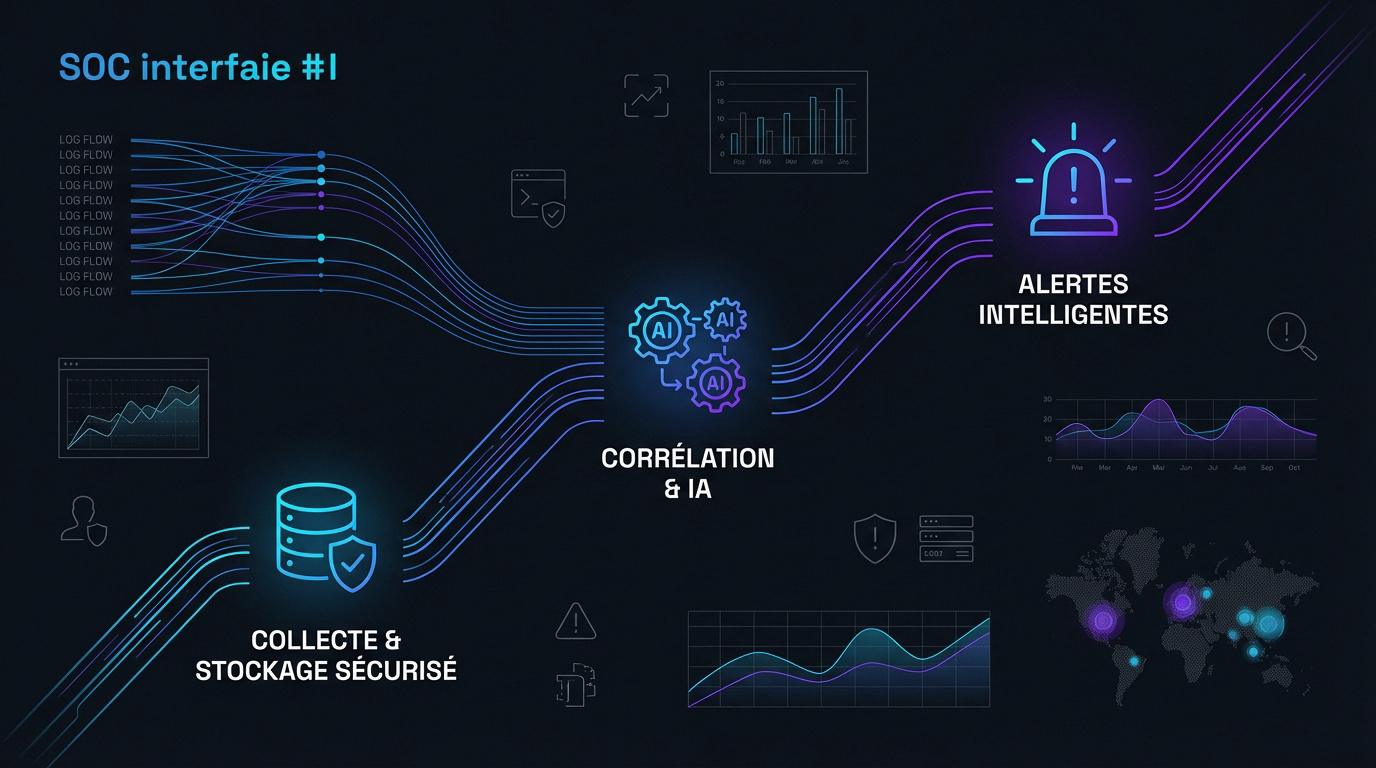 Interface de monitoring de sécurité affichant la corrélation d'événements et les alertes IA
