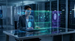 Femme analysant des empreintes digitales et des données réseau sur écrans holographiques dans un centre de données futuriste.