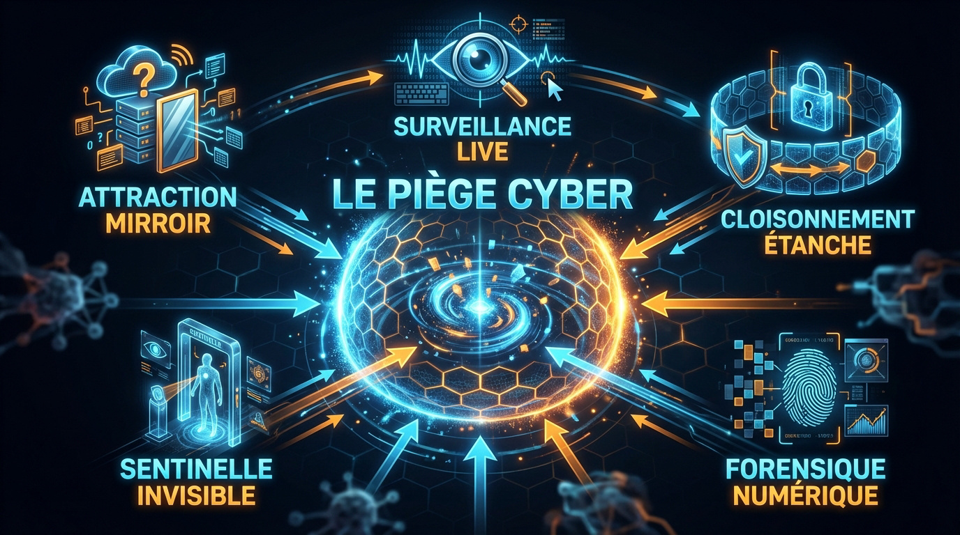Schéma technique d'un honeypot isolant un attaquant dans un environnement sécurisé