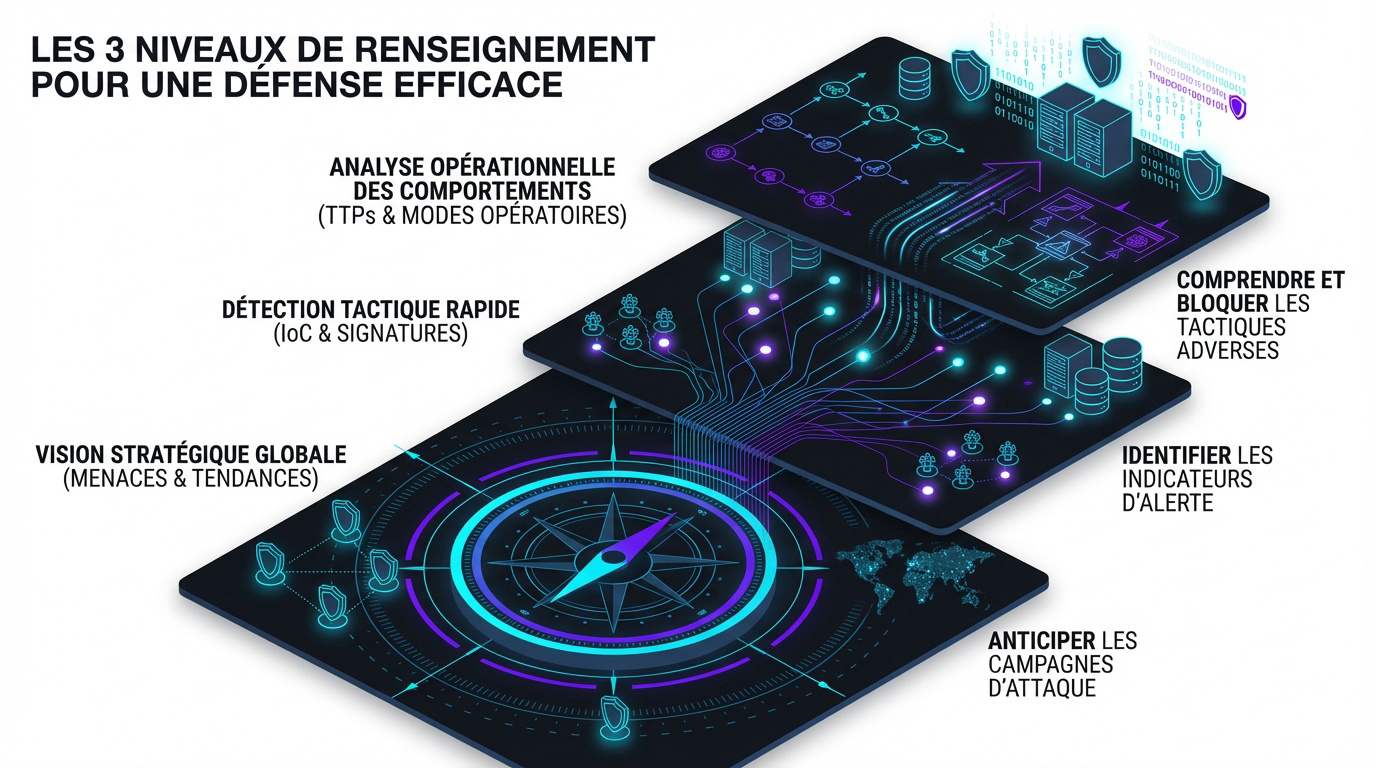 Schéma des trois niveaux de la Threat Intelligence : stratégique, tactique et opérationnel