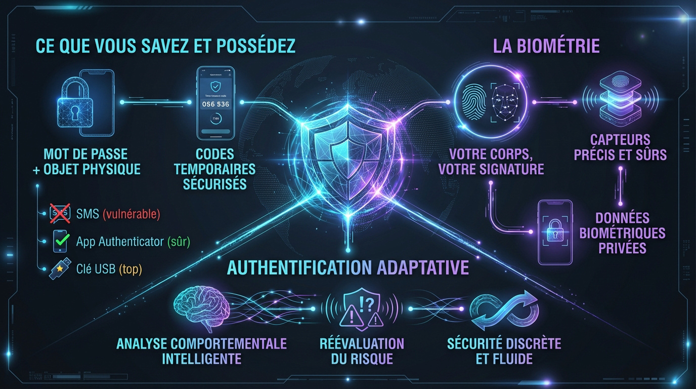 Schéma des trois piliers de la cybersécurité pour sécuriser les accès numériques