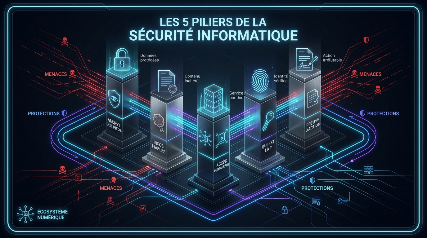 Schéma illustrant les piliers fondamentaux de la sécurité informatique