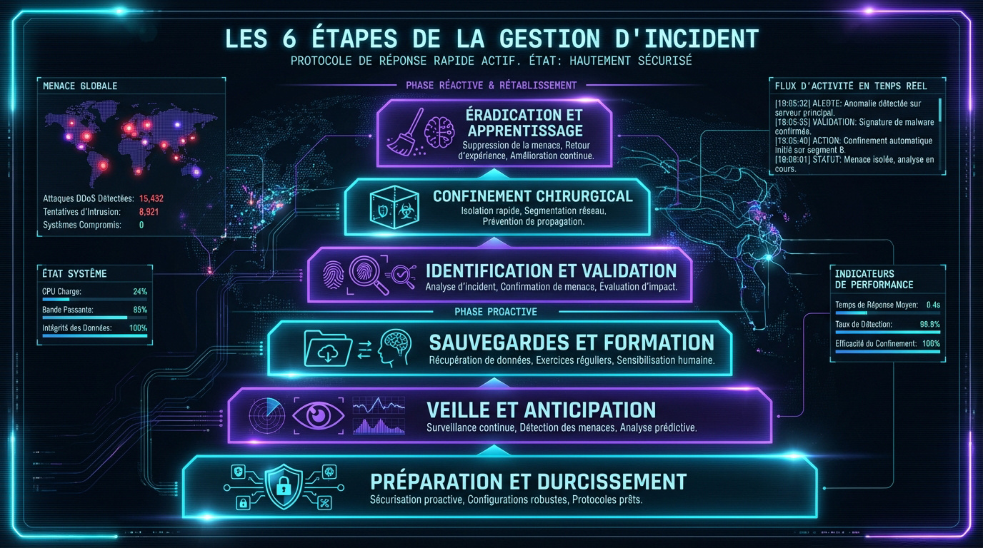 Schéma des six étapes clés de la gestion d'incident en cybersécurité