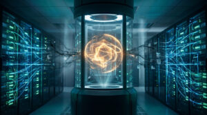Vue futuriste d'une salle de serveurs avec un cylindre central projetant un hologramme doré. Des câbles lumineux bleus et des flux de données sombres connectent les racks.