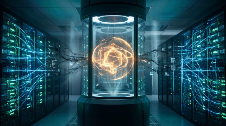 Vue futuriste d'une salle de serveurs avec un cylindre central projetant un hologramme doré. Des câbles lumineux bleus et des flux de données sombres connectent les racks.