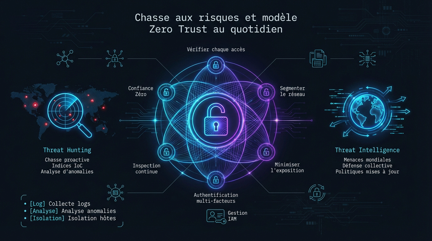 Schéma d'une architecture de cybersécurité Zero Trust et Threat Hunting