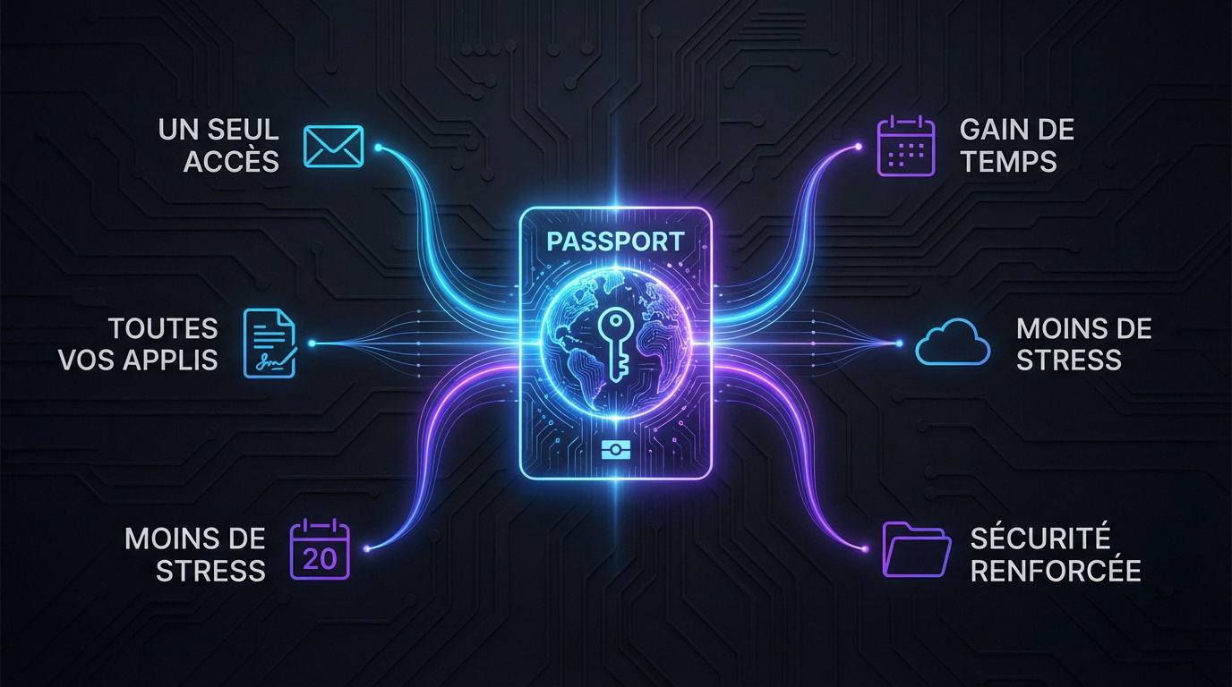 Illustration d'un passeport numérique symbolisant l'accès simplifié et sécurisé via SSO