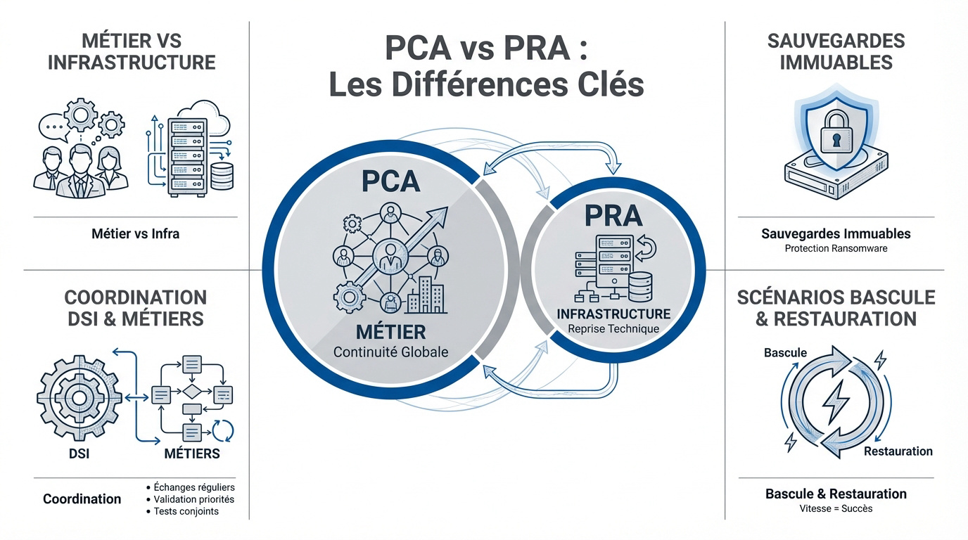 Comparaison visuelle entre les stratégies de PCA et de PRA informatique pour la résilience d'entreprise