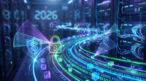 Image futuriste d'un pipeline DevSecOps avec des flux de données lumineux, symboles de sécurité (cadenas, bouclier) dans un centre de données en 2026.