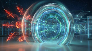 Une passerelle de sécurité lumineuse bloque des menaces numériques rouges (crâne, flèches, emails cassés) dans un environnement de data center.