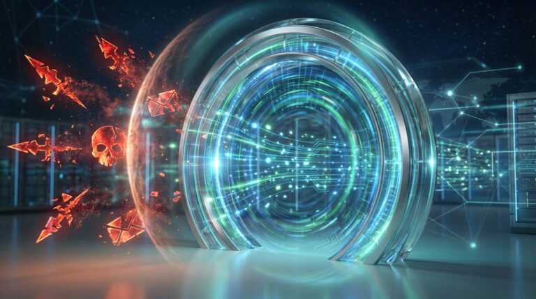 Une passerelle de sécurité lumineuse bloque des menaces numériques rouges (crâne, flèches, emails cassés) dans un environnement de data center.