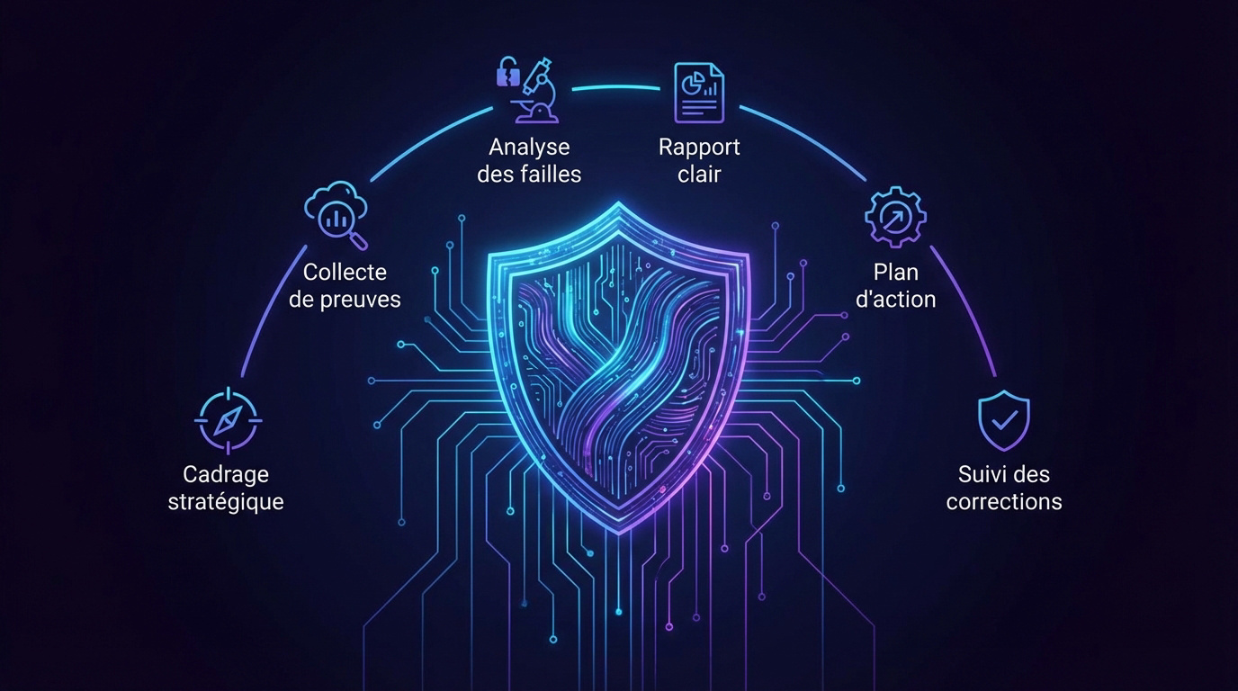 Schéma des étapes clés d'un processus d'audit de cybersécurité en entreprise