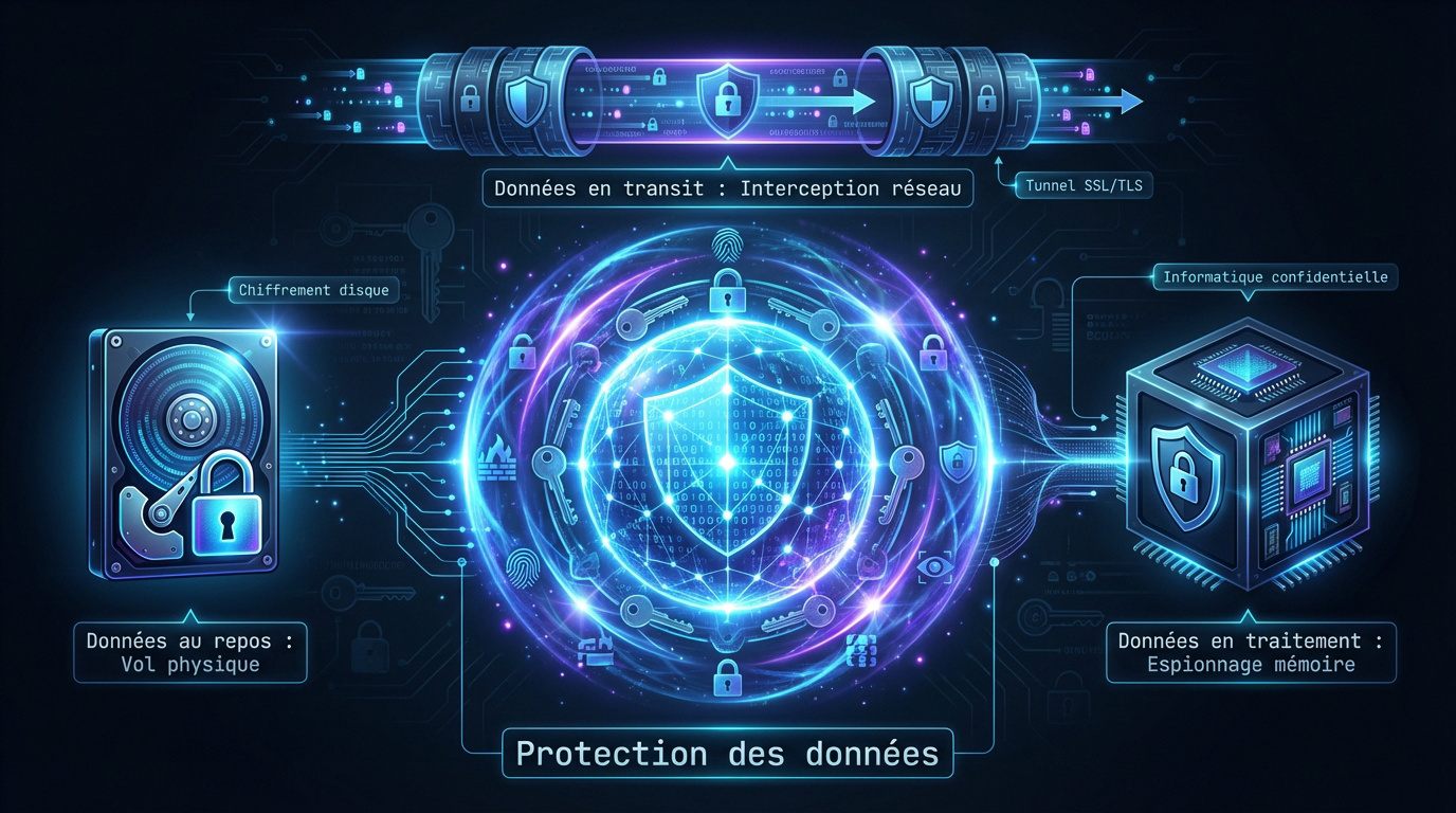 Schéma explicatif du chiffrement des données au repos, en transit et en cours de traitement