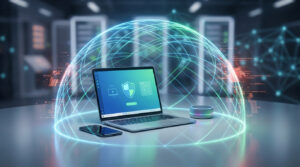 Terminaux (ordinateur, smartphone, enceinte) protégés par un dôme lumineux. L'écran du PC affiche une icône de bouclier, symbolisant la cybersécurité.