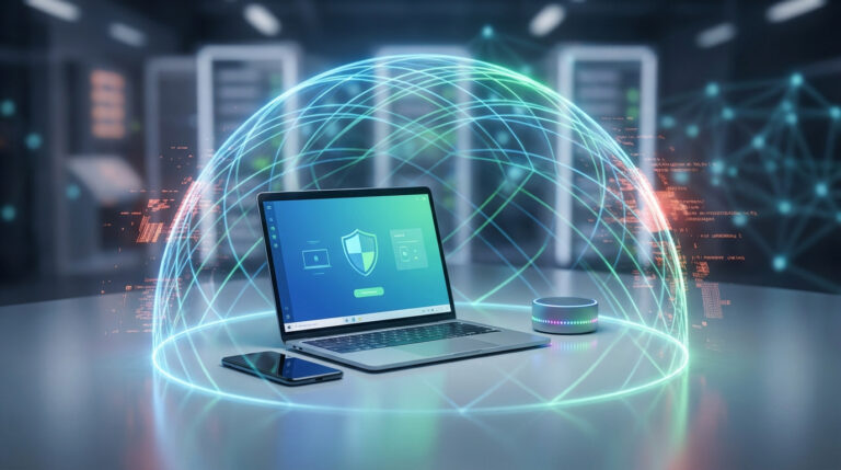 Terminaux (ordinateur, smartphone, enceinte) protégés par un dôme lumineux. L'écran du PC affiche une icône de bouclier, symbolisant la cybersécurité.