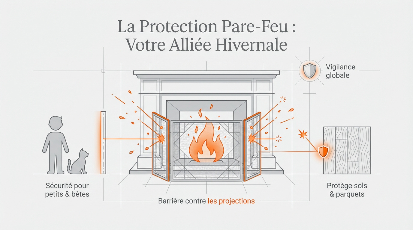 Pare-feu de cheminée en fer forgé protégeant un salon moderne