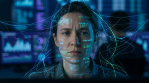 Gros plan sur une femme au regard intense, le visage éclairé par des données numériques projetées et des lignes de connexion lumineuses.
