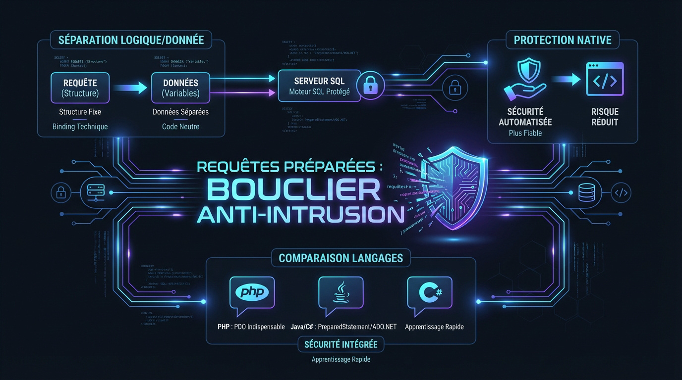 Schéma technique d'une requête préparée sécurisant une base de données contre les injections SQL