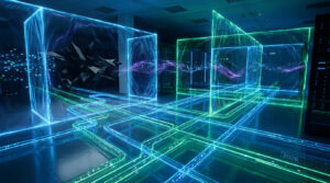 Représentation futuriste d'un centre de données avec segmentation réseau lumineuse en bleu et vert, menaces contenues et l'année 2026.