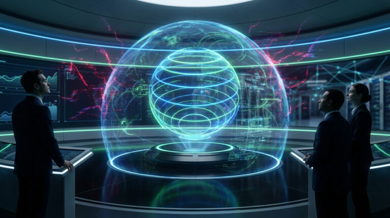 Trois professionnels observent un globe holographique de données dans un centre de contrôle futuriste, affichant des menaces de cybersécurité.