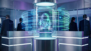 Un cadenas numérique brillant protégeant des données ePHI dans un centre de sécurité futuriste avec des opérateurs.