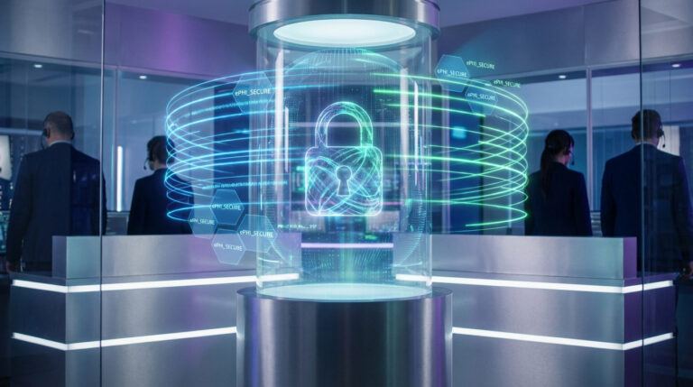 Un cadenas numérique brillant protégeant des données ePHI dans un centre de sécurité futuriste avec des opérateurs.