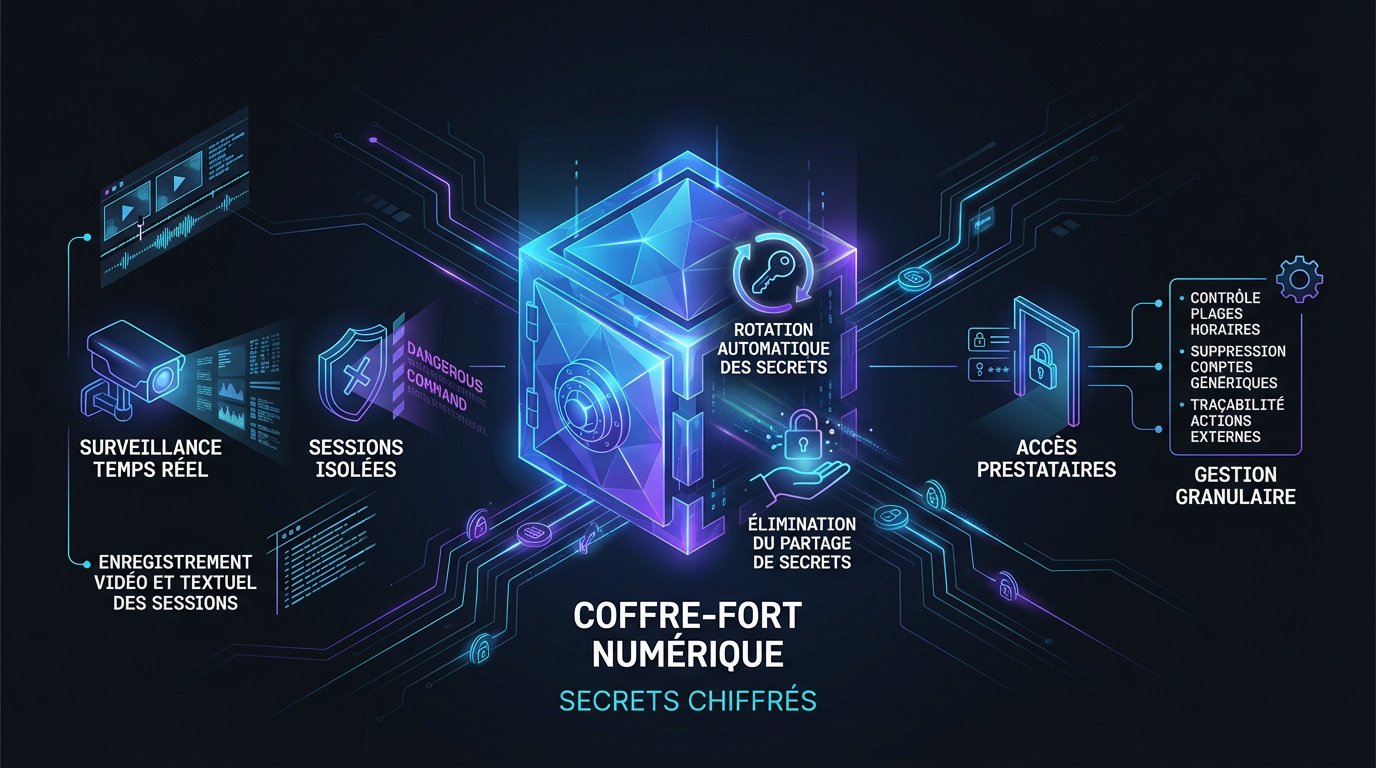 Schéma des piliers techniques de la gestion des accès privilégiés pour la sécurité informatique