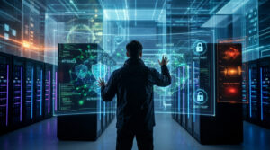 Un expert gère la sécurité d'API web avec une interface holographique futuriste, affichant boucliers, authentification, zero trust et menaces neutralisées dans une salle de serveurs.