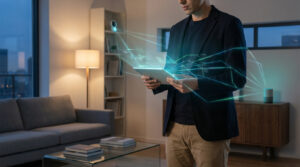 Homme utilisant une tablette pour contrôler une maison connectée, affichant des données interactives liées à une caméra et un assistant vocal.
