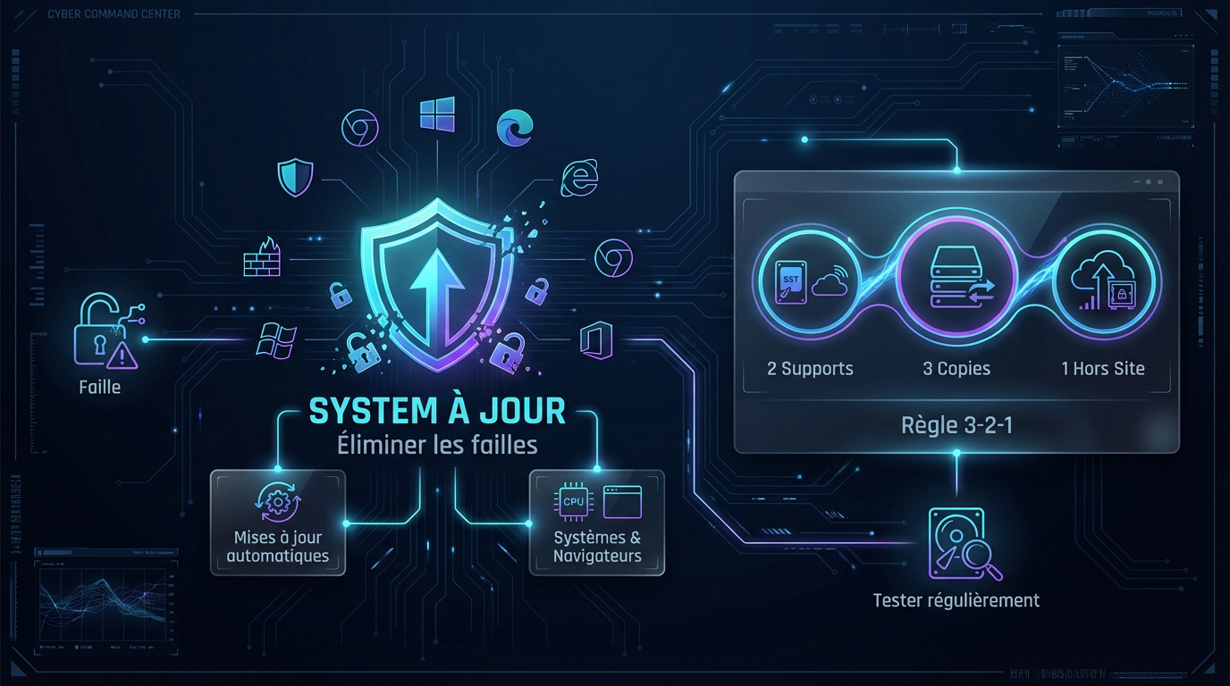 Schéma illustrant la mise à jour des systèmes et la stratégie de sauvegarde 3-2-1 pour la sécurité informatique