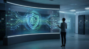 Femme dans un datacenter interactif, gérant la cybersécurité avec un écran holographique affichant un bouclier et des données.