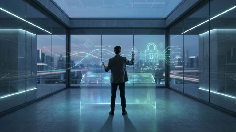 Homme interagissant avec des écrans holographiques affichant des flux de données sécurisés et un cadenas de chiffrement quantique dans un bureau moderne.