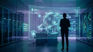 Silhouette devant un écran holographique dans un datacenter, affichant un globe terrestre sécurisé avec cadenas et boucliers.
