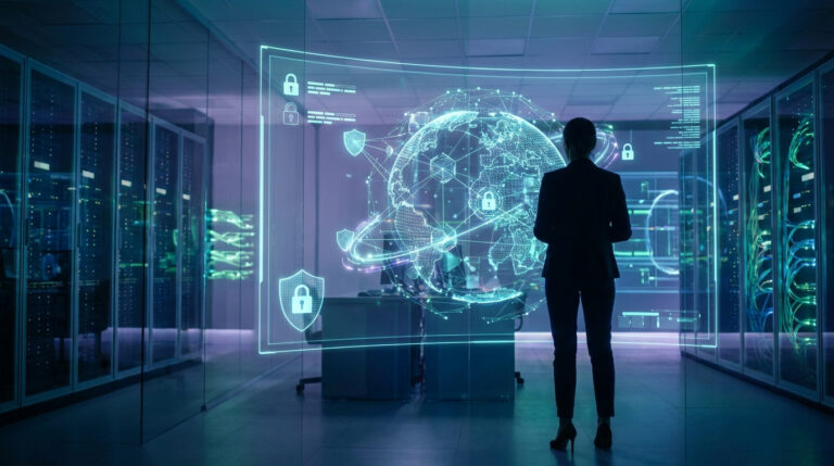 Silhouette devant un écran holographique dans un datacenter, affichant un globe terrestre sécurisé avec cadenas et boucliers.