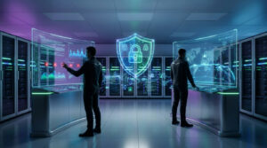 Deux experts IT dans un data center futuriste, interagissant avec des écrans holographiques affichant données de sécurité et carte du monde, avec un bouclier de protection central.