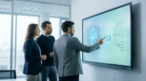 Trois professionnels en réunion. Un homme montre des graphiques de cybersécurité (bouclier, cadenas) sur un écran tactile, observé par deux collègues.