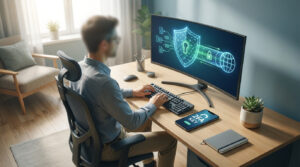 Vue aérienne d'un homme tapant sur son clavier. L'écran affiche un bouclier de sécurité numérique, et un smartphone propose une clé 2FA.