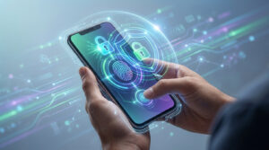 Main utilisant un smartphone avec des icônes de sécurité lumineuses (empreinte digitale, cadenas, bouclier) pour l'authentification multifacteur.