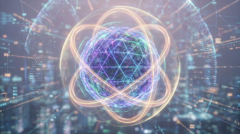 Image conceptuelle de cybersécurité : sphère de données globale entourée d'anneaux lumineux, symbolisant la protection et le réseau.