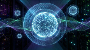 Conceptuel : Sphère de données lumineuse protégée par des couches de sécurité dans un centre de données, avec ondes numériques.